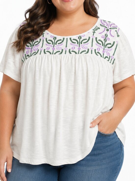 Lane Bryant Tops - Lane Bryant Top 22/24 (3X) White Peasant Blouse Embroidered Swing Boho T-Shirt